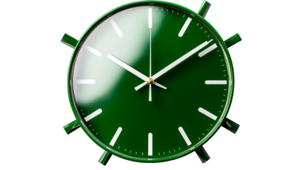 Green clock showing the time on black background, cut out transparent