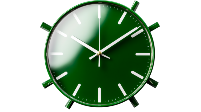 Green clock showing the time on black background, cut out transparent