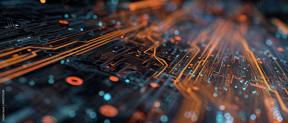 Poster high-resolution 2d illustration of an abstract futuristic electronic circuit background featuring gl