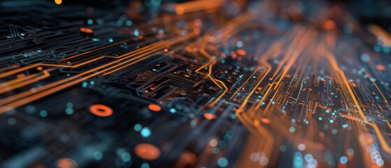 High-resolution 2D illustration of an abstract futuristic electronic circuit background featuring glowing neon traces, intricate digital pathways, and seamless mesh design for cutting-edge technology.