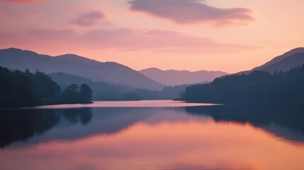 Serene landscape with vibrant sunset reflecting on calm lake surrounded by mountains and soft clouds in the sky.