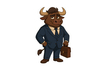 Cartoon buffalo businessman in navy suit with briefcase, confident smile, upright pose, isolated on a transparent background