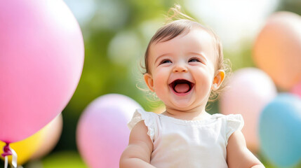 Cheerful little girl with a big smile amidst colorful balloons at a sunny park birthday celebration, offering space for titles and names, ideal for Children's Day designs with soft tones, bokeh, and b