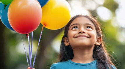 Happy smiling little girl surrounded by colorful balloons at a sunny park birthday party, with space for adding titles and child's name, suitable for Children's Day, featuring soft tones, bokeh effect