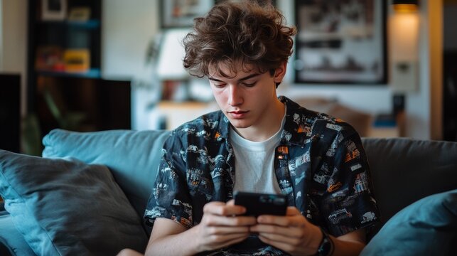 Teen boy focused on smartphone while sitting on couch at home interior setting. Teenage boy sitting on a blue couch using smartphone, casual home environment, concept of youth and technology