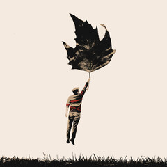 man flying with a leaf, autumnal surreal concept