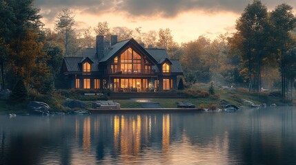 Fototapeta premium Lakeside autumn luxury home, sunset glow, forest backdrop, real estate