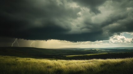 Dark Storm Clouds Over a Green Landscape with Lightning in the Distance