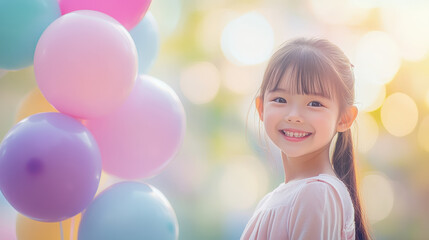 Sunny park birthday party scene with a happy smiling girl surrounded by colorful balloons, space for adding child's name and titles, suitable for Children's Day, featuring soft bokeh tones, blurred ba