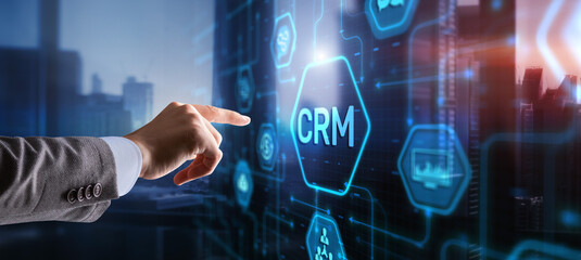 CRM Customer Relationship Management. Businessman clicks. Business Internet Technology Concept
