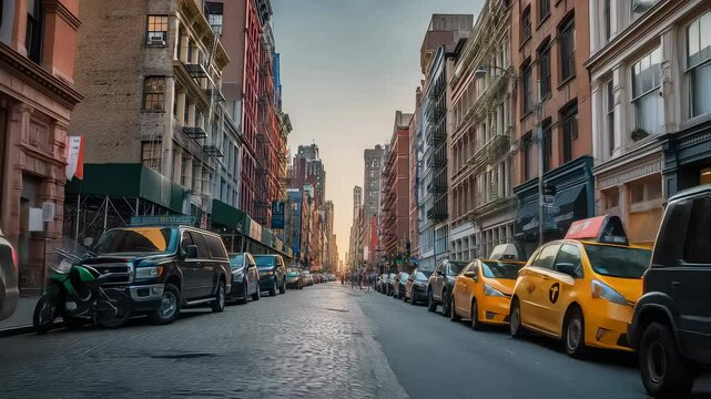 Charming soho street in manhattan, new york city at golden hour with historic cast-iron buildings, warm sunset light, and cobblestone pavement