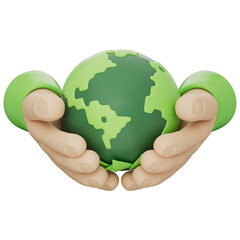 Hands holding green earth 3d icon symbolizing sustainability, conservation, eco care, renewable energy, clean technology, biodiversity, innovation on a transparent background, 3d illustration.