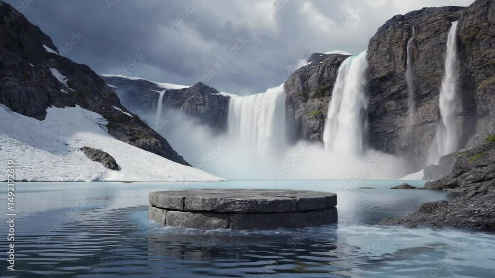 Poster empty stone stage podium in mineral water waterfall snow mountains background, blank space for displ