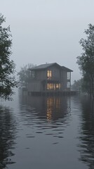 Obraz premium Wooden house on stilts in a flooded landscape