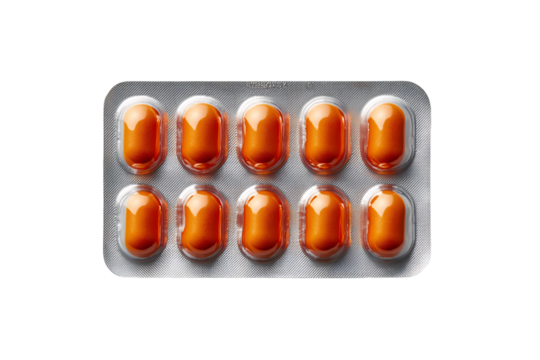 Orange oval capsules in blister pack, ten elongated pills in two rows, isolated on a transparent background