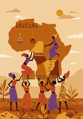 African women carrying a platform above Africa continent illustration. Community and teamwork concept. Cultural support of african heritage for background or Africa day.