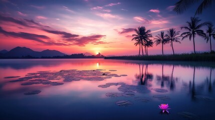 Serene sunset over a calm lake with pink lotus and gentle palm silhouettes