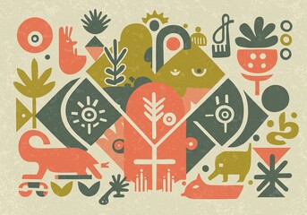 Obraz premium African Day style geometric pattern with animals and flora. Abstract shapes illustration of elephant, flamingo, cheetah and tree elements for textile print.