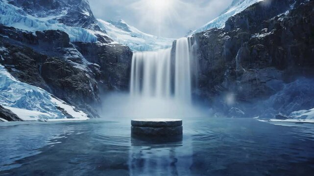 Empty stone stage podium in mineral water waterfall snow mountains background, Blank space for display presentation mock up product design, Seamless loop