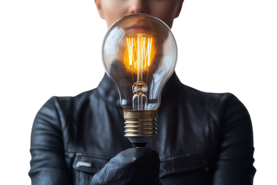 Person holding illuminated lightbulb in gloved hand, wearing black leather jacket, isolated on a transparent background