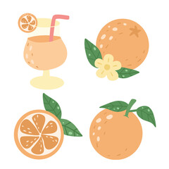 Orange Fruit and Juice Clipart Set in Cute Style