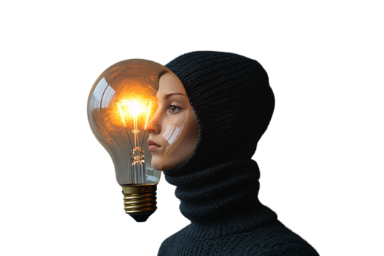 Person in black knit hood with glowing lightbulb replacing face, artistic conceptual portrait, isolated on a transparent background