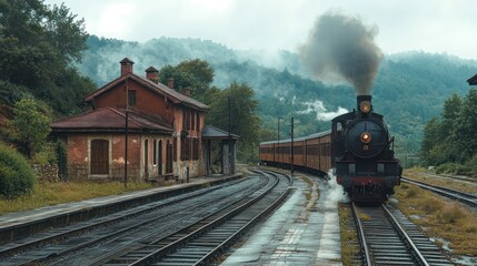 Obraz premium Steam train departing mountain station, misty hills