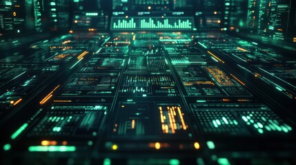 Futuristic digital dashboard with glowing screens and data visualizations