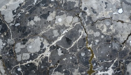 Fototapeta premium A weathered, cracked concrete surface with visible aggregates and imperfections, capturing an urban or gritty industrial aesthetic.