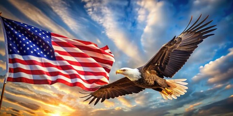 A bald eagle soaring above a patriotic landscape with an American flag waving in the wind , USA