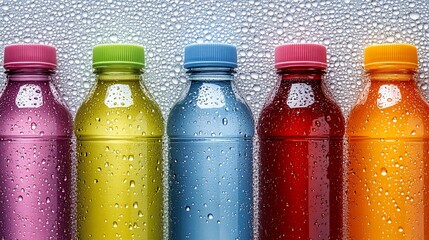Colorful Bottles with Condensation: Refreshing Hydration and Vibrant Hues