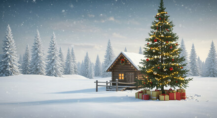 Fototapeta premium Christmas, cabin, winter, Christmas Cabin in Snowy Winter Wonderland