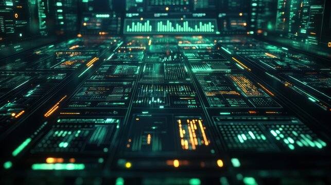 Futuristic digital dashboard with glowing screens and data visualizations
