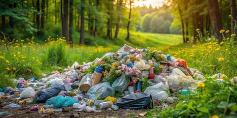 A massive pile of trash amidst lush greenery and wildflowers, with plastic bottles and bags scattered everywhere , discarded, garbage dump in nature