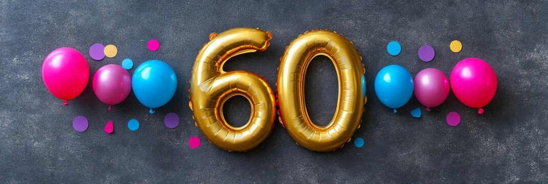 Golden Number 60 Balloons On A Black Background With Pink And Blue Balloons And Confetti