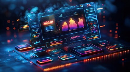 Futuristic digital dashboards with glowing interfaces