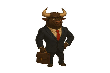 Proud bull in a dark suit and red tie, holding leather case, intense gaze, isolated on a transparent background