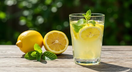 Fototapeta premium Refreshing Lemonade with Mint on Wooden Table in Natural Light