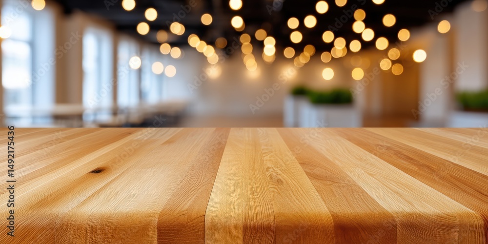 Poster warm wooden tabletop showcasing natural grain patterns with bokeh background of soft, illuminated li