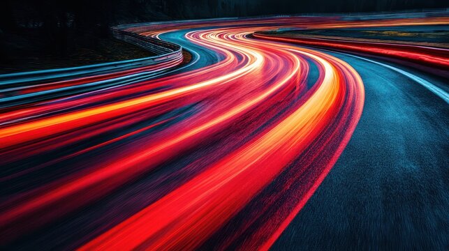 Night race track, speeding car light trails, forest backdrop, motorsport advertisement