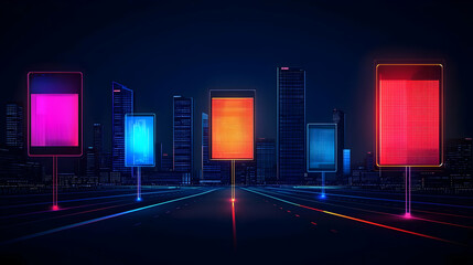 Futuristic Cityscape At Night With Glowing Screens