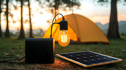 Solar Powered Lamp Camping Setup At Sunset