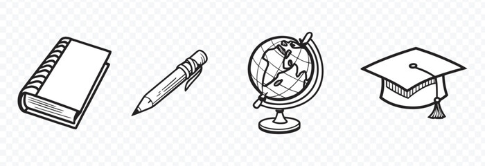 Educational Icons Set – Book, Pen, Globe, Graduation Cap