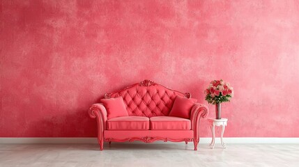 A pink couch with a vase of flowers on a small table.