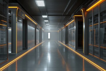 Obraz premium Illuminated Futuristic Corridor With Gleaming Surfaces And Depth