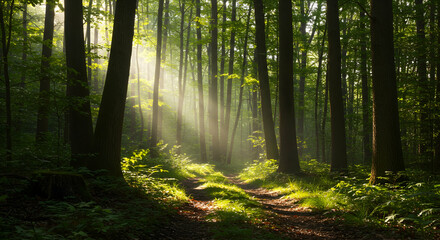 Fototapeta premium forest, woods, trees, Sunbeams in the Forest