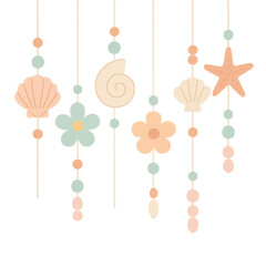 3D pastel hanging seashells with purple flowers and pearls on transparent background for beach decoration, 3D, Copy Space, Isolated..