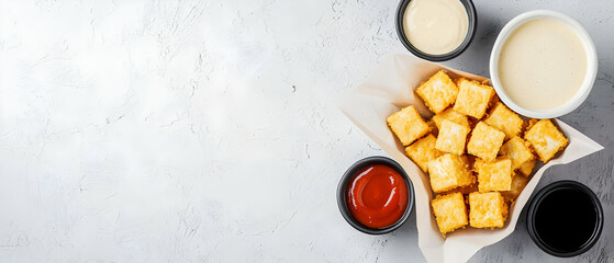 Crispy Cubes With Dipping Sauces On Light Surface