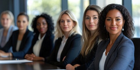 Fototapeta premium A diverse set of female executives seated at a boardroom table, looking at the camera with determination - leadership and power. 
