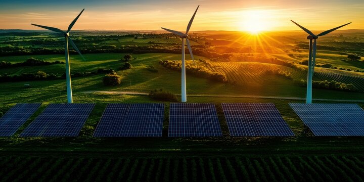 Wind turbines and solar panels in an energy park, creating clean, green energy at sunset